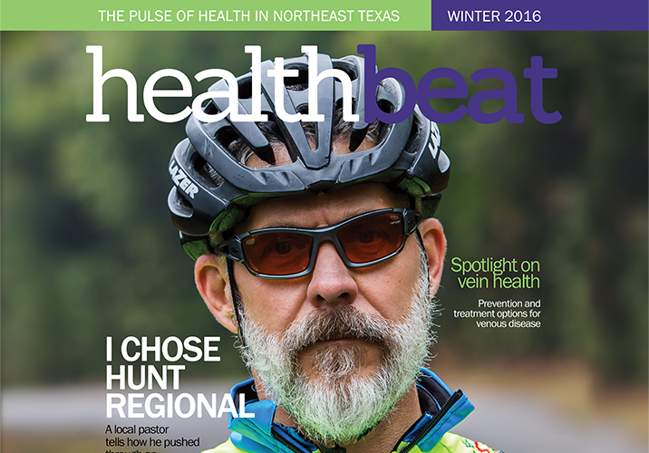 Healthbeat Winter 2016 Magazine with portrait of middle aged man with biking helmet on