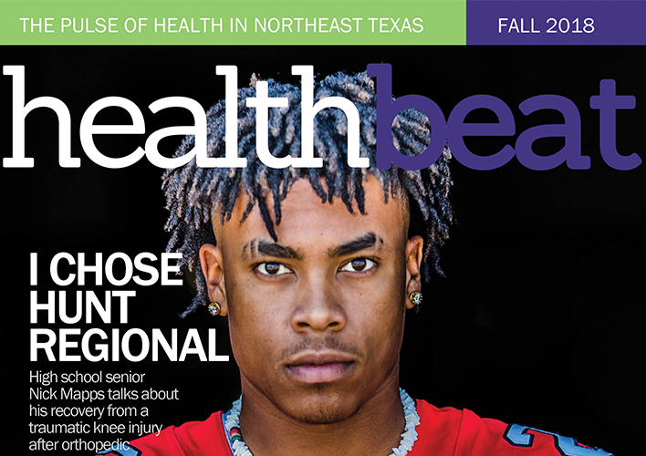 Healthbeat Winter 2018 Magazine cover with portrait of student athlete in football uniform